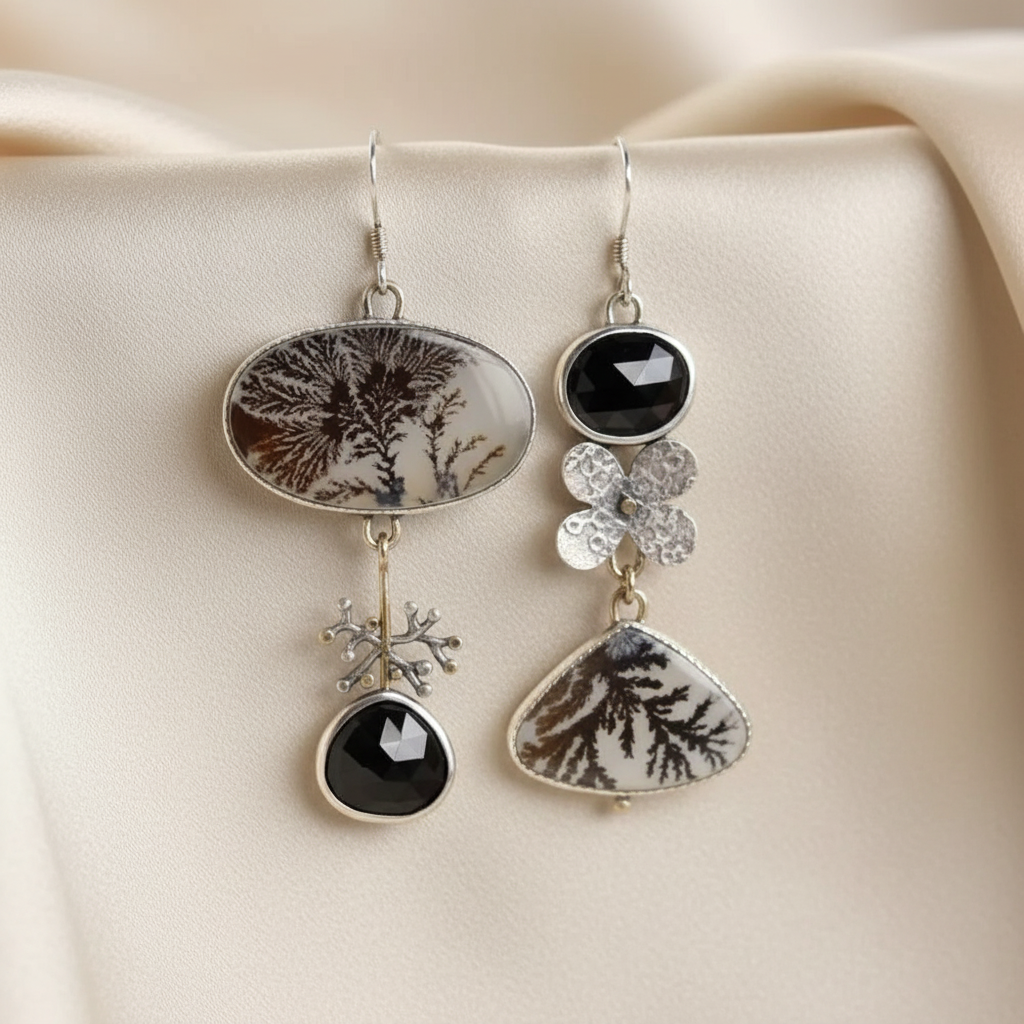 Nature Print Asymmetrical Water Drop Flower Black Stone Alloy Earrings