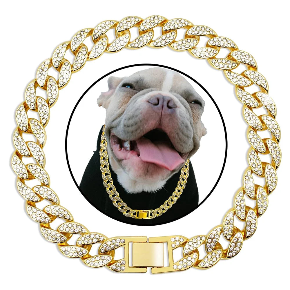 Cuban Gold Chain with Rhinestones for Dogs - Luxury, Not Adjustable