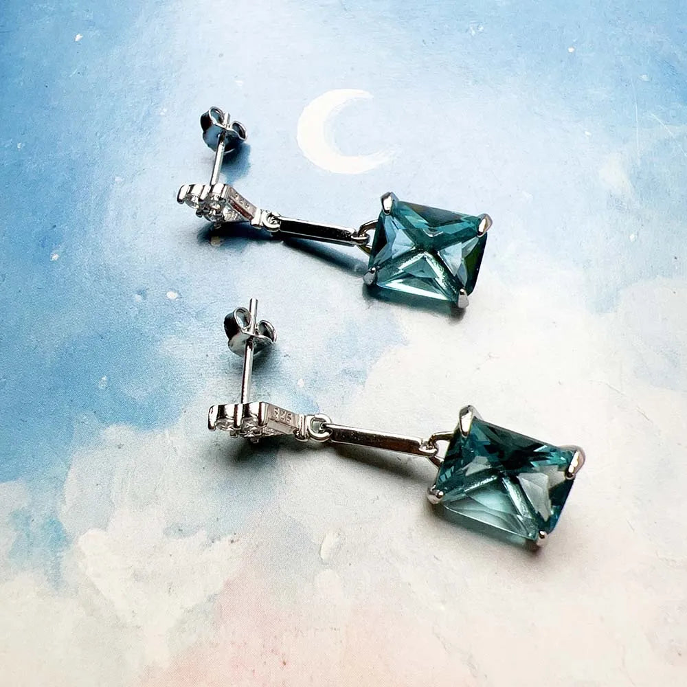 Square Aquamarine Stud Earrings In 925 Sterling Silver with Cubic Zirconia