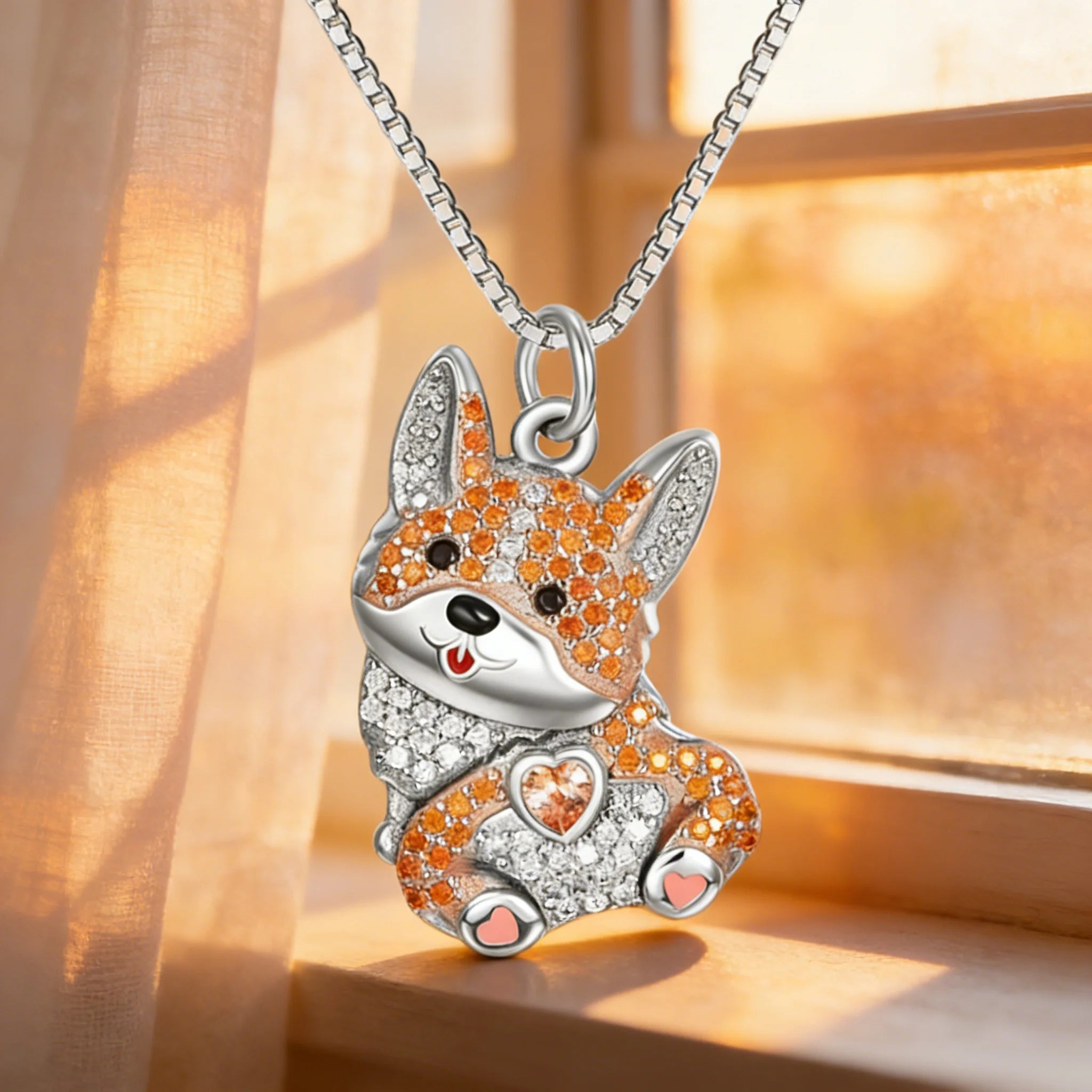 Sparkling Crystals Corgi Dog Pendant Necklace in Zinc Alloy & Stainless Steel