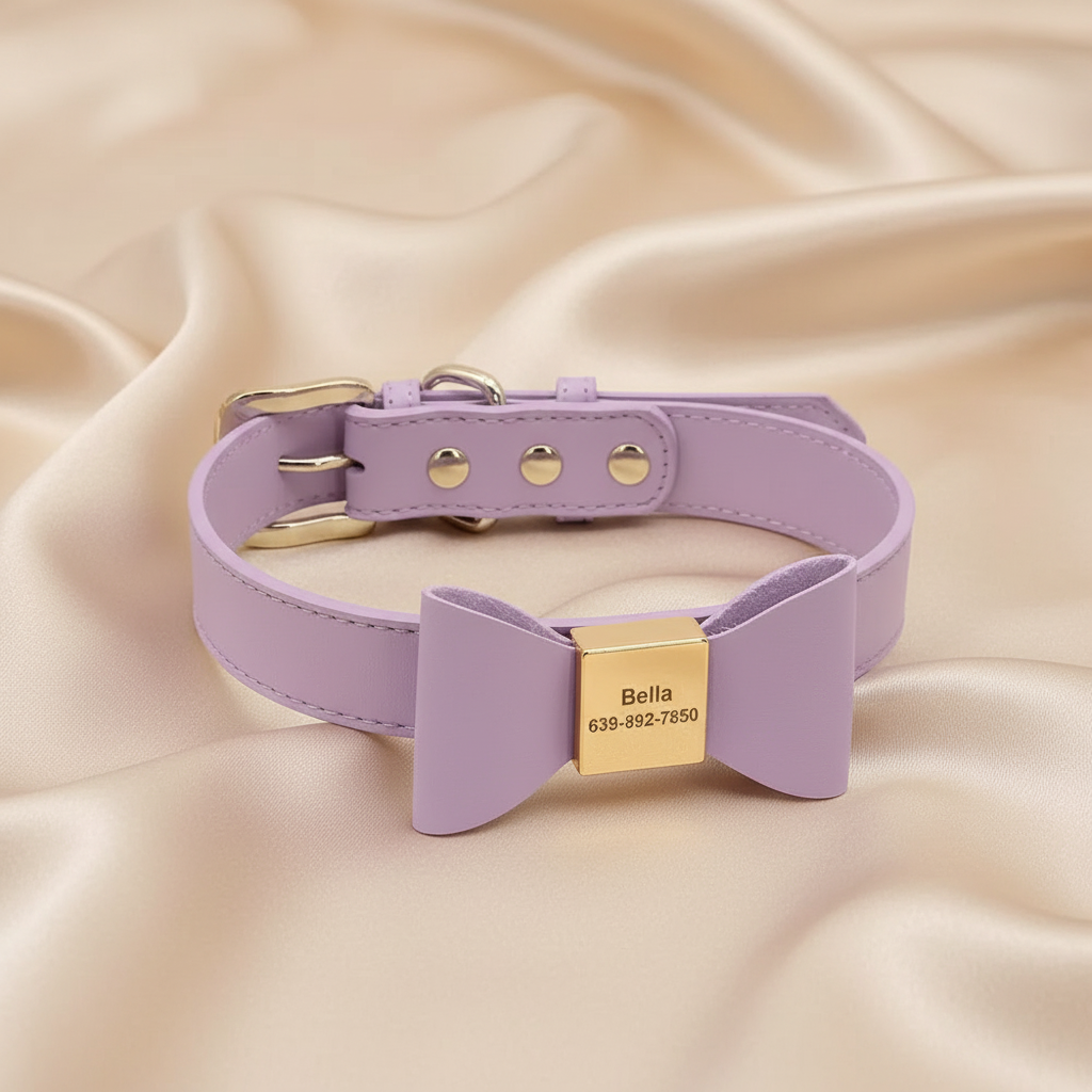 Personalized Dog Name Bow Tie Collar in Soft PU Leather - Very Stylish!
