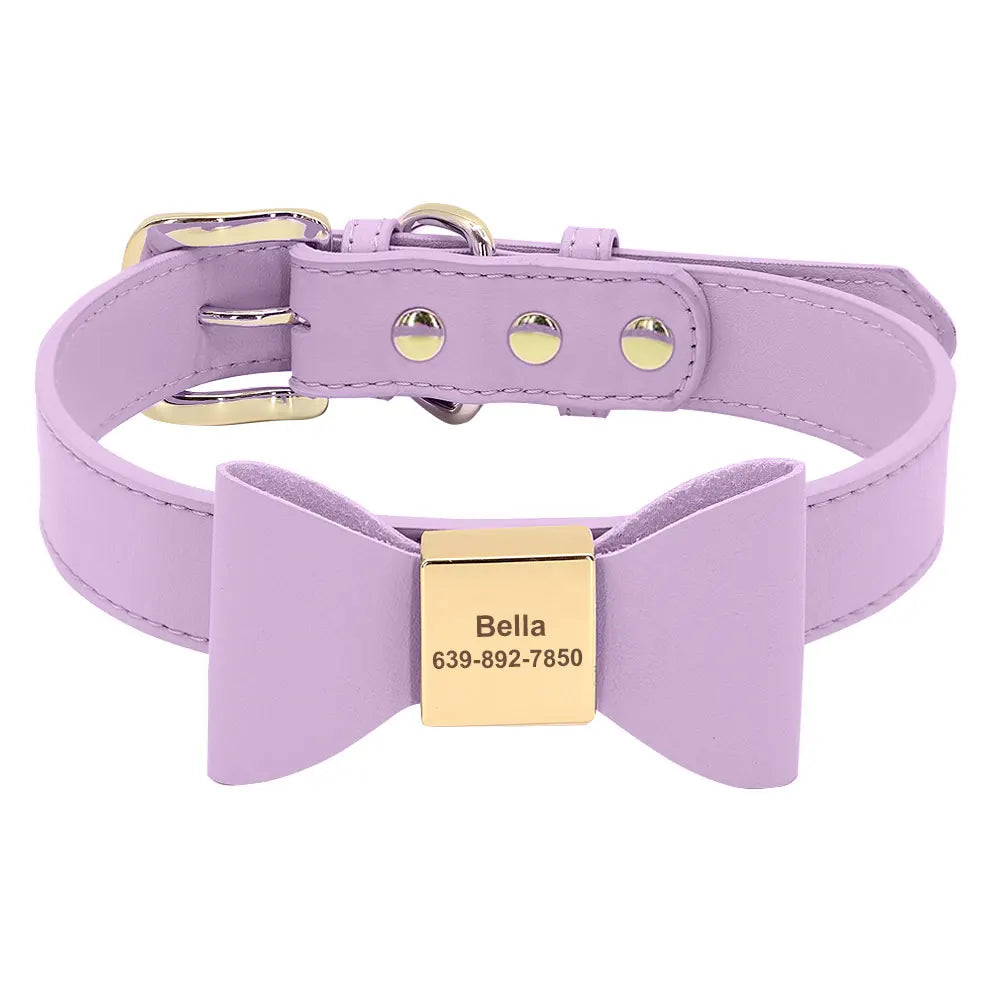 Personalized Dog Name Bow Tie Collar in Soft PU Leather - Very Stylish!