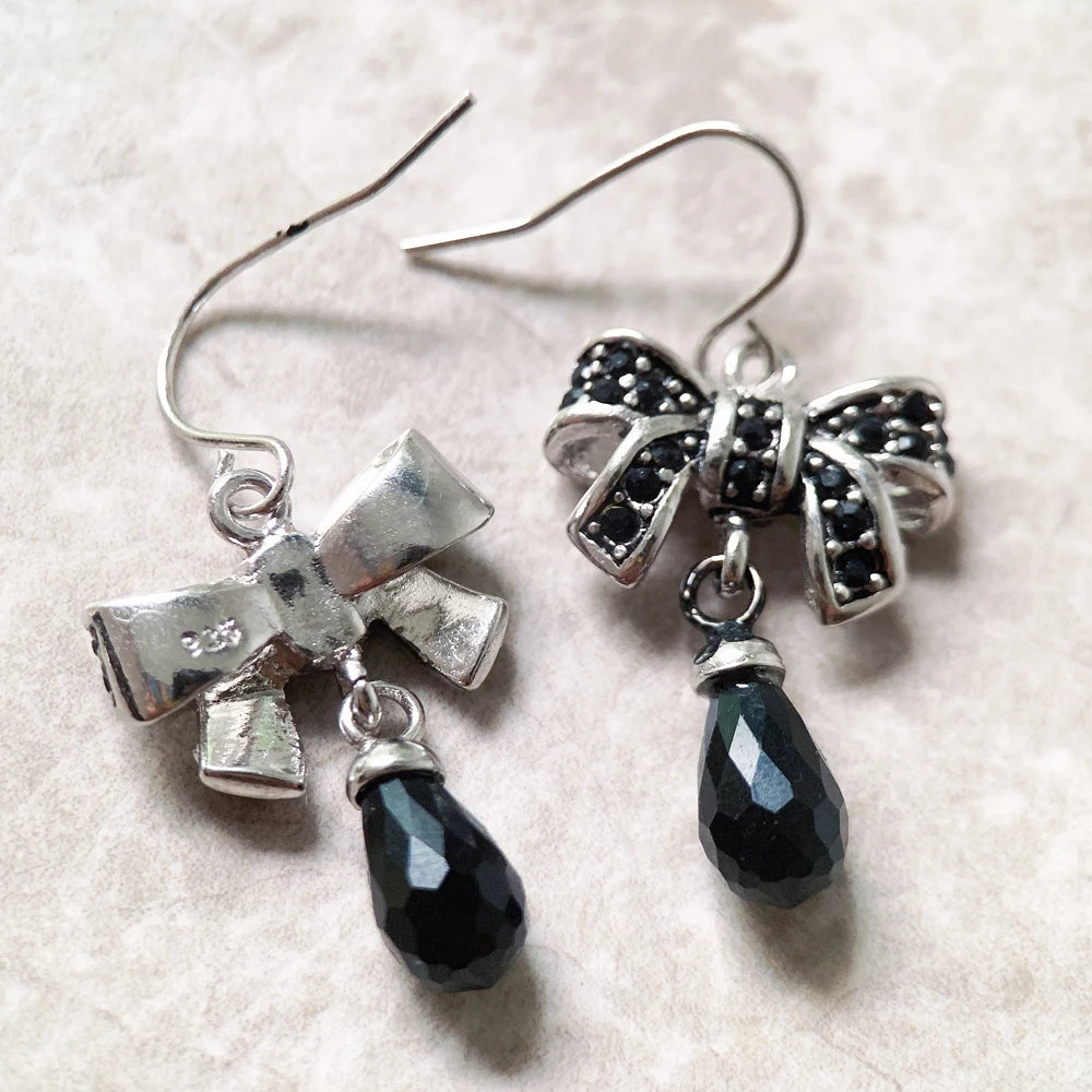 Bow Knot Black Drop Crystal Earrings in 925 Sterling Silver