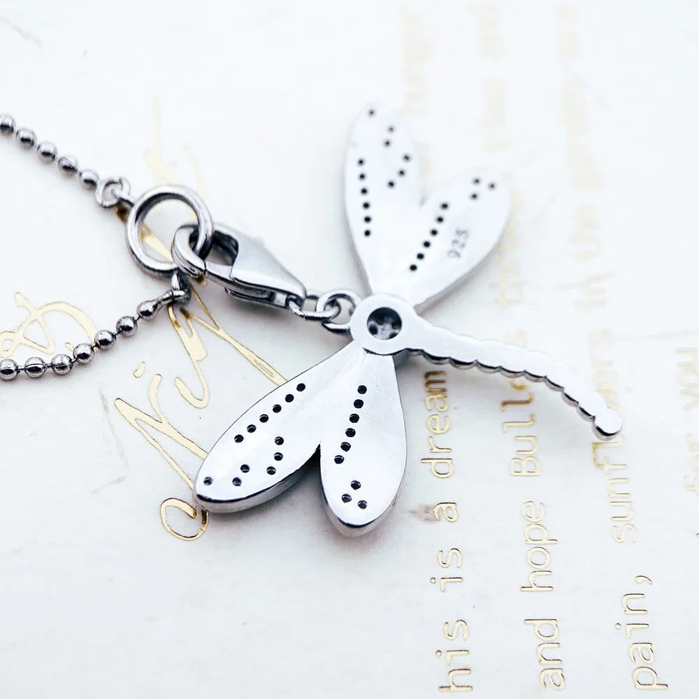 Pink Dragonfly Pendant Necklace in 925 Sterling Silver with Zircon Stones