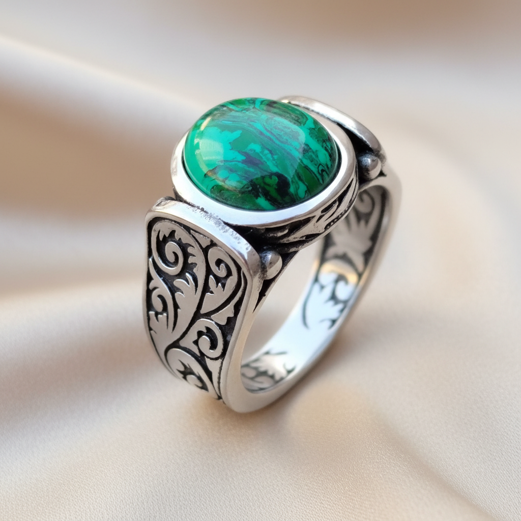 Antique Inspired Large Genuine Malachite Carved Stainless Steel Ring