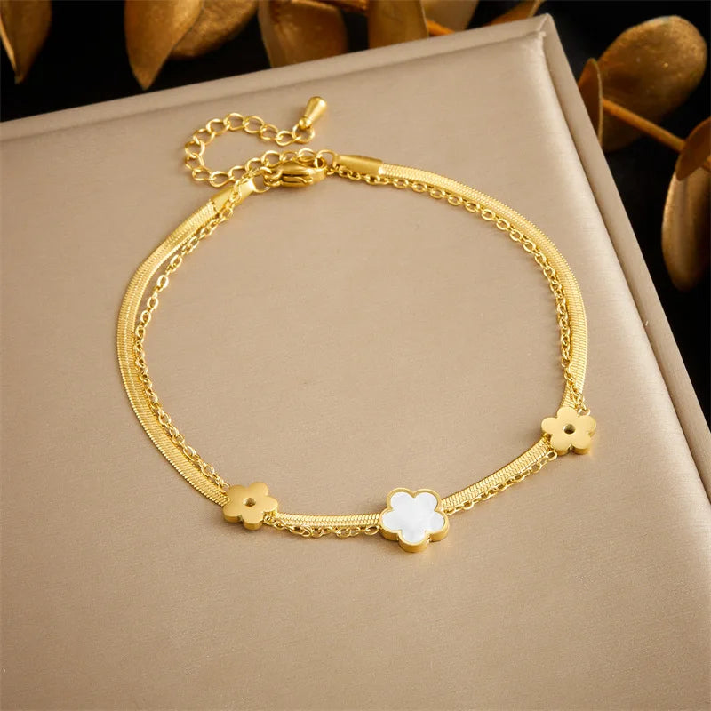 Gold Tone Stainless Steel Clover Crystal Hearts Anklet
