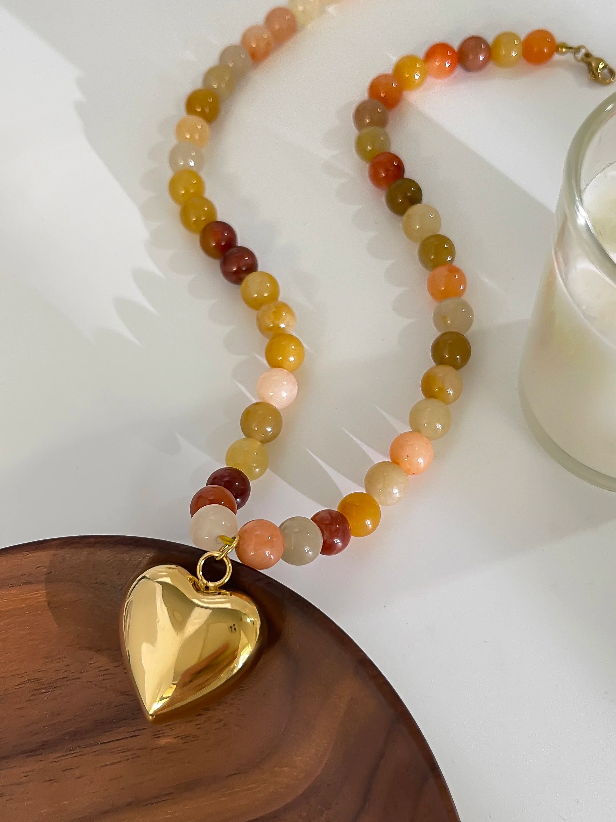 18K Gold Plated Steel Necklace - Boho Brown/Orange Natural Stone Handmade Beaded
