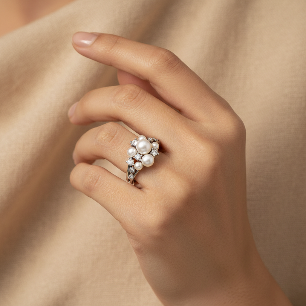 Freshwater Pearl Ring In 925 Sterling Silver with Zircon Stones