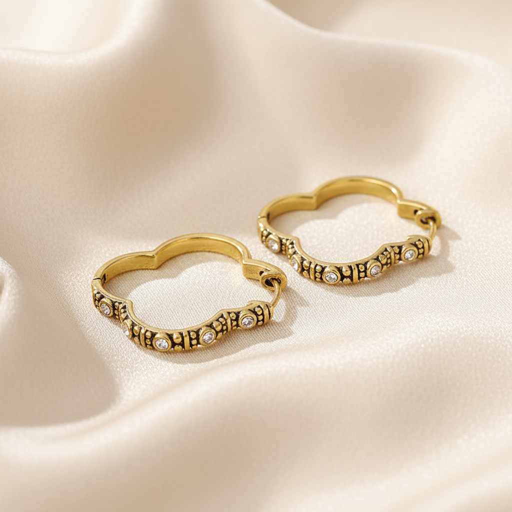 Clover Hoop Earrings with Cubic Zirconia & Antique Detail Design