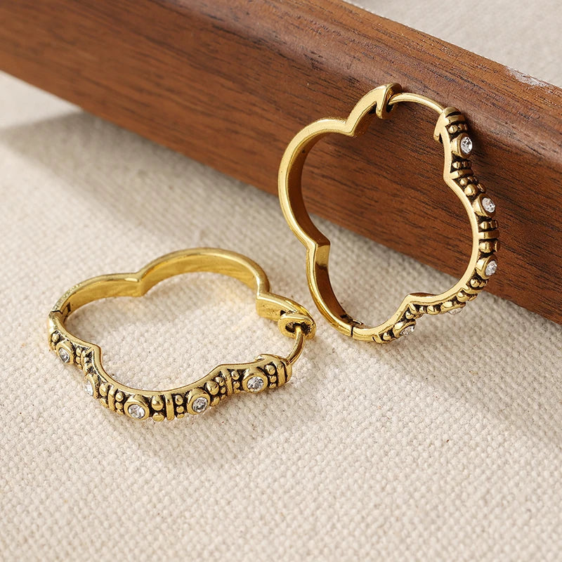 Clover Hoop Earrings with Cubic Zirconia & Antique Detail Design