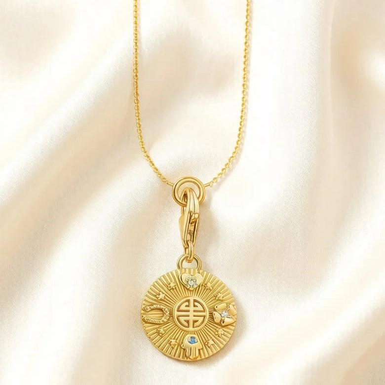 Lucky Coin Charm Necklace in Gold Tone 925 Sterling Silver with Zircons