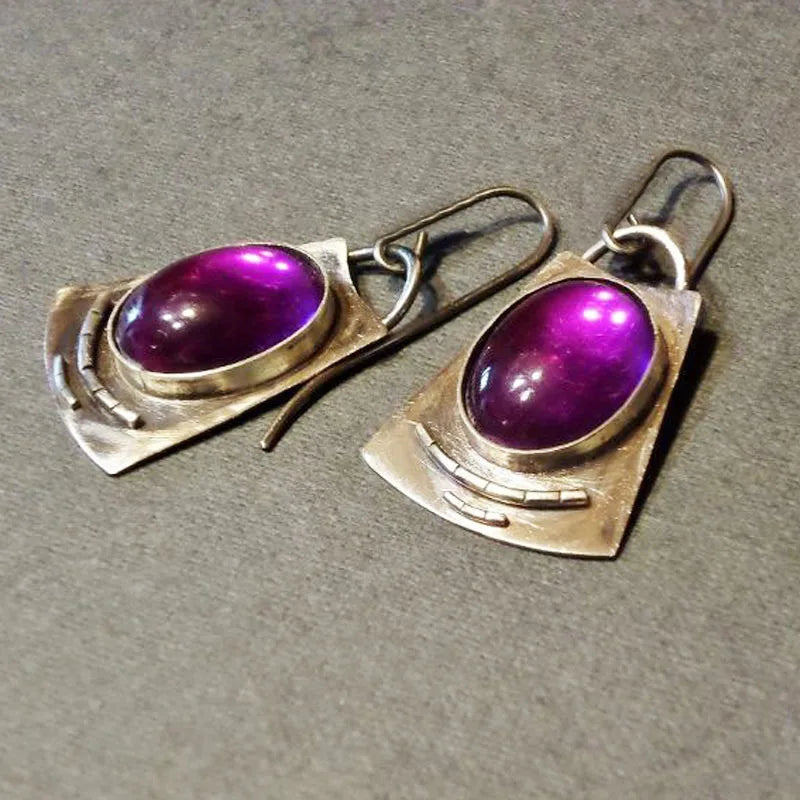 Bold Vintage Inspired Oval Moonstone Square Alloy Dangle Earrings