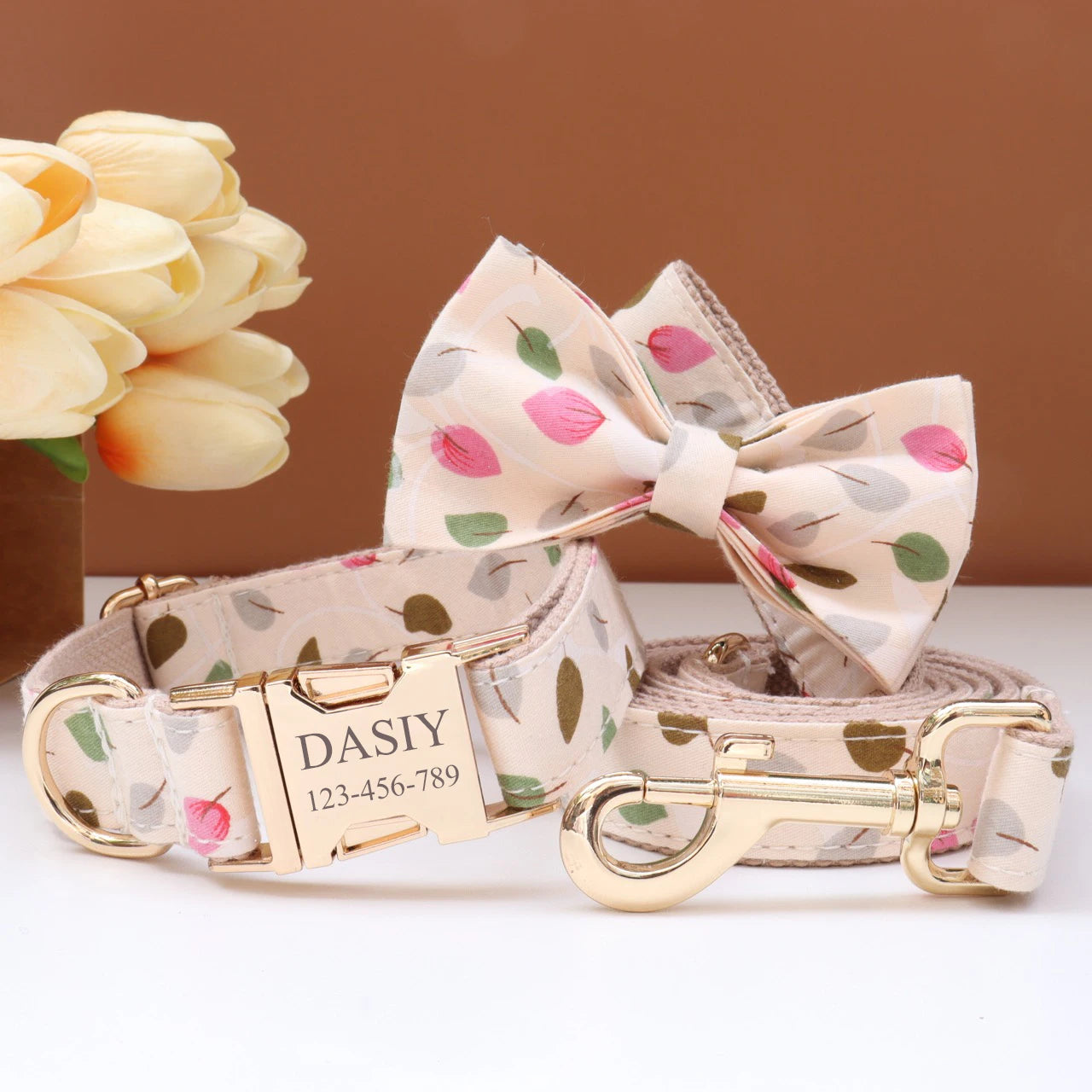 Elegant Fabric Customizable Dog Collar Set - Name Tag, Zinc Alloy Setting, Girly