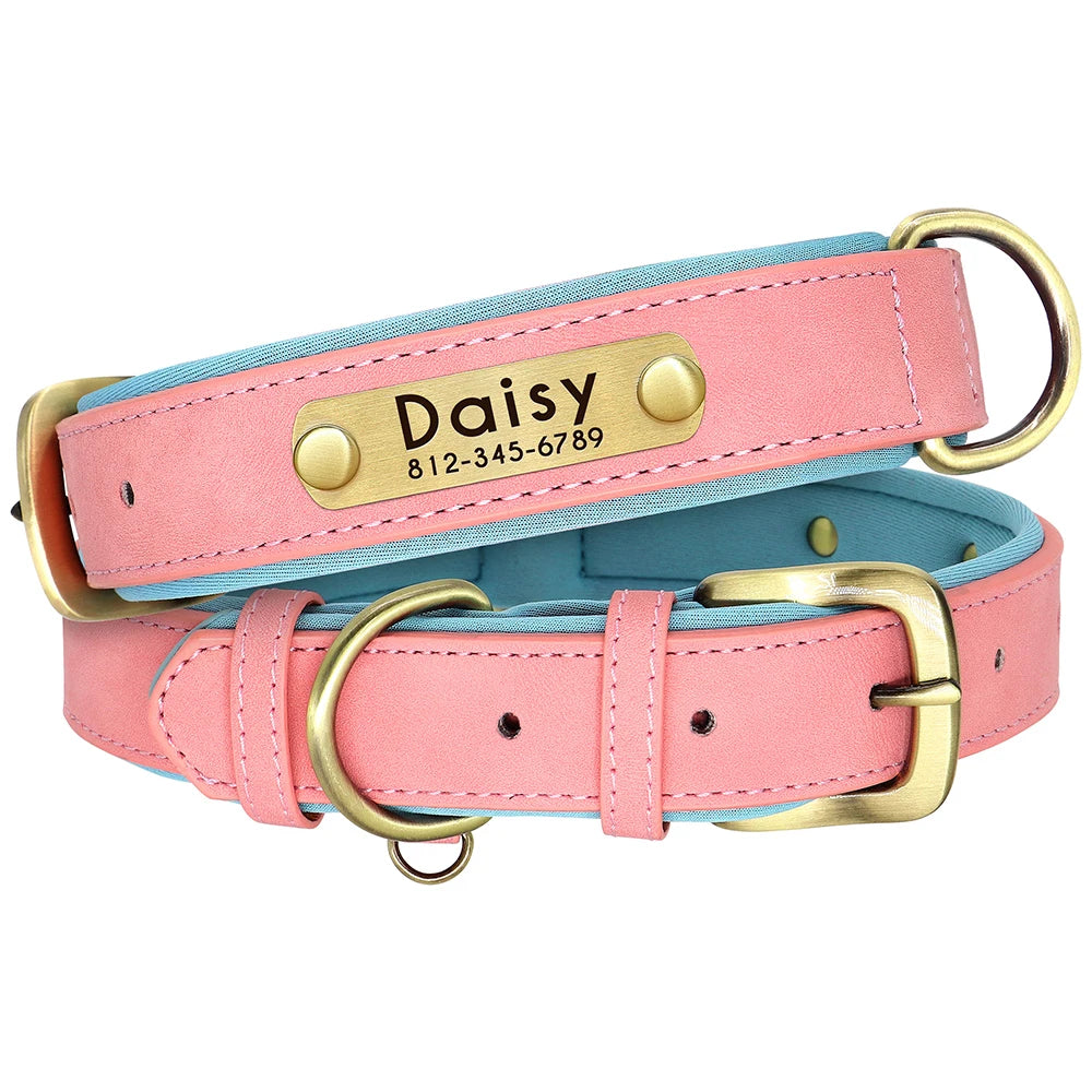 Quality Faux Leather Dog Collar Leash Set - Customize, Engrave, Name Tag