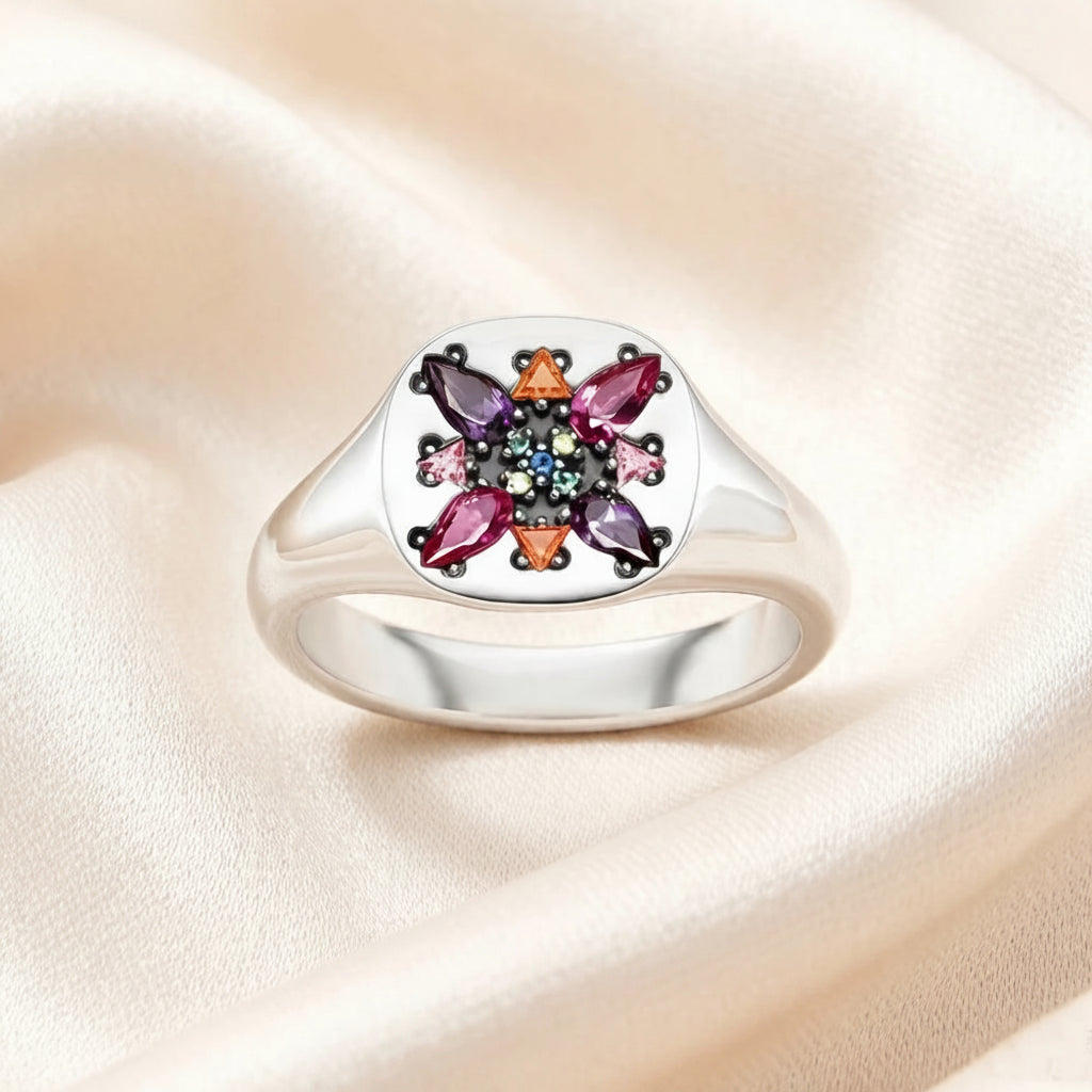 Flower Stamp Band Ring in 925 Sterling Silver with Colorful Zircons