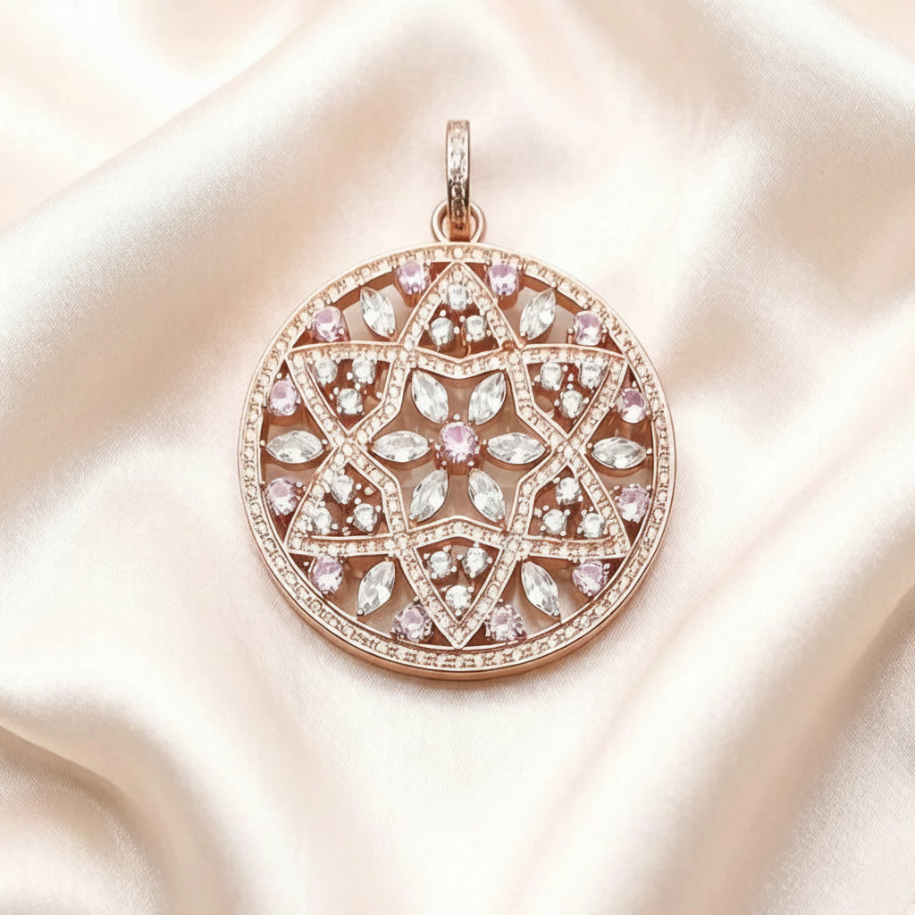 Large Flower Ornament Pendant in Rose Gold Plated 925 Sterling Silver with Sparkling Zircons