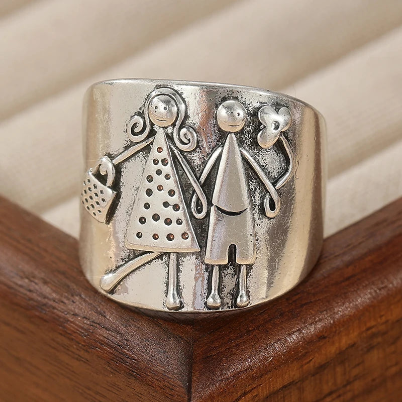 Vintage Inspired Silver-Plated Copper Ring - Hand Carved Couples Woman Man Holding Hands
