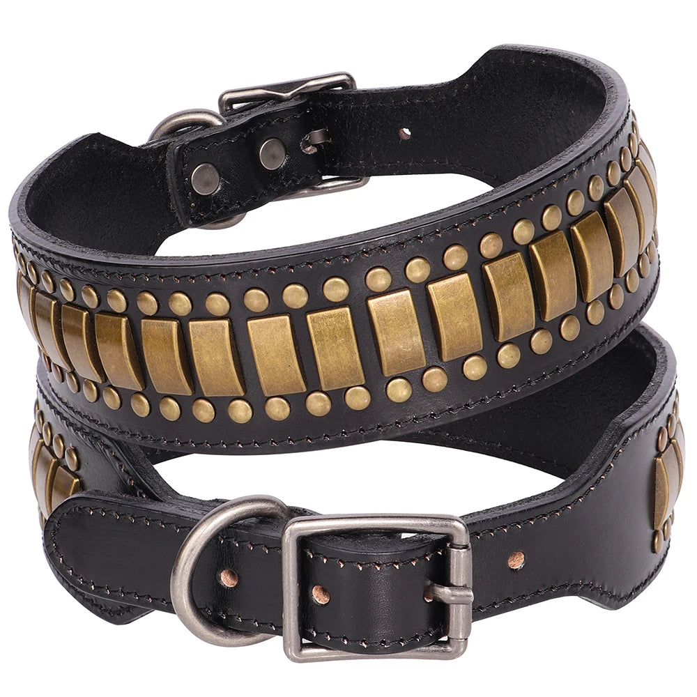 Wide Luxury Genuine Leather Dog Collar for Large Dogs - Durable Metal Cool