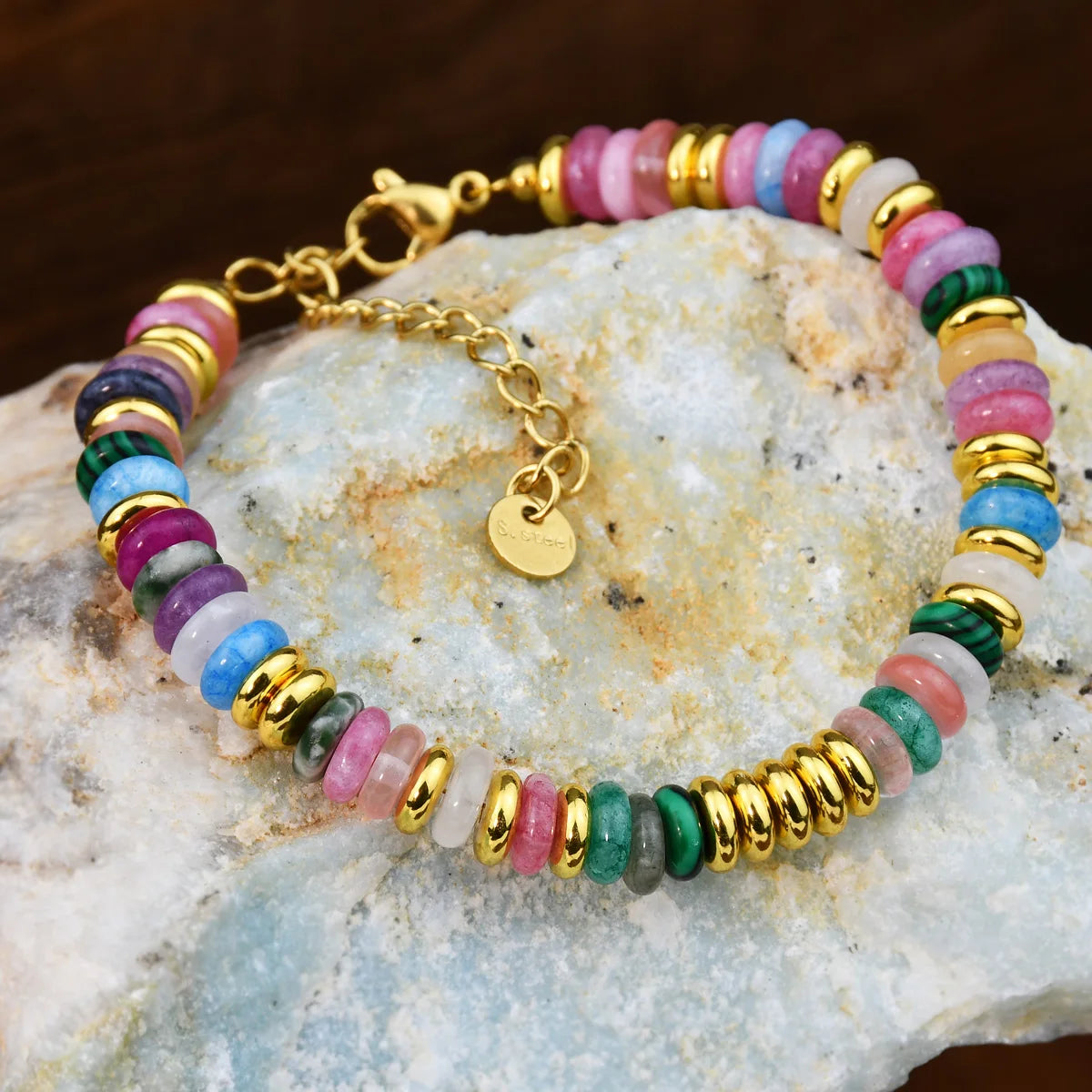 Natural Colorful Beaded Gemstones Boho Stainless Steel Bracelet