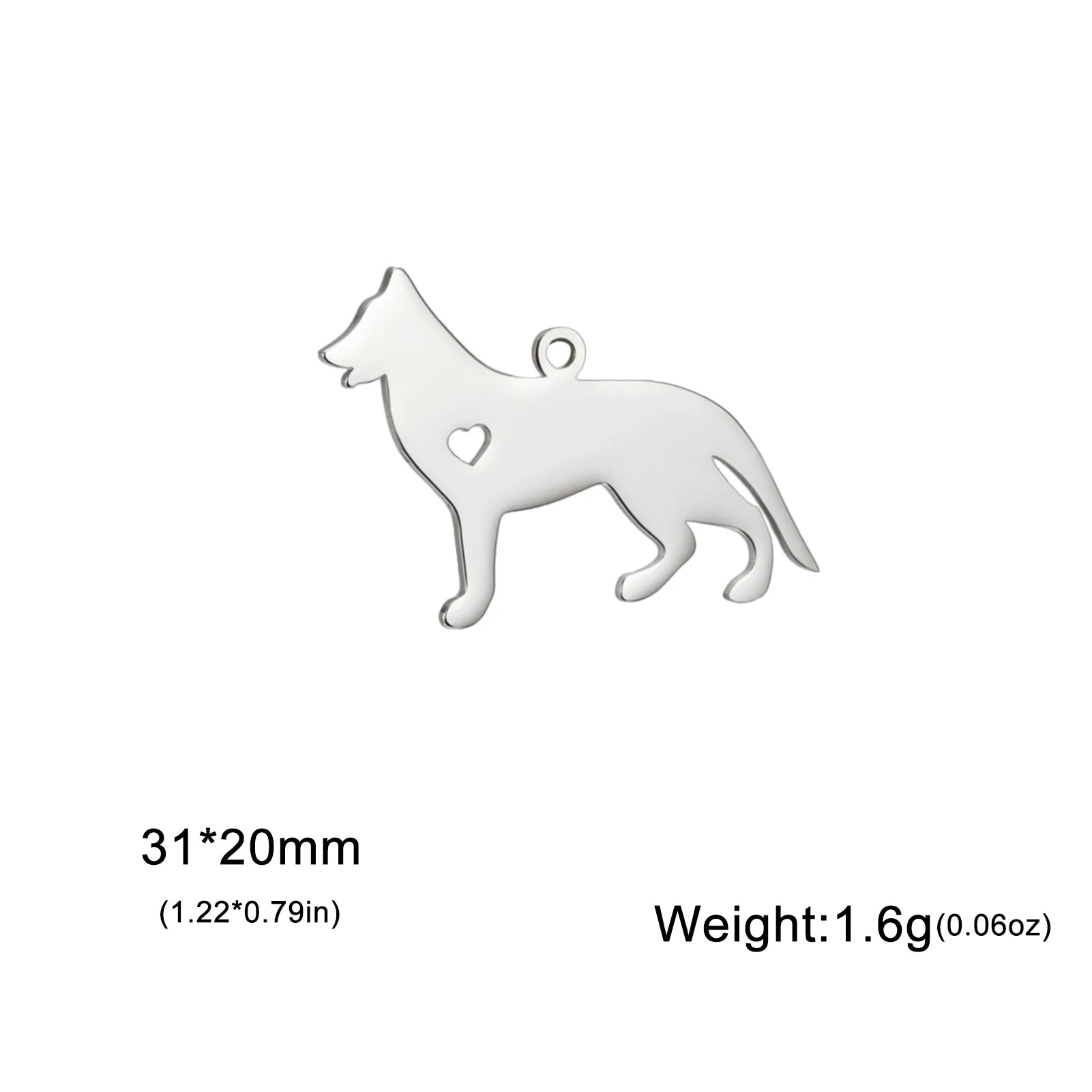 Covered Stainless Steel Dog & Wolf Charms with Cutout Hearts - For Bracelets & Necklaces