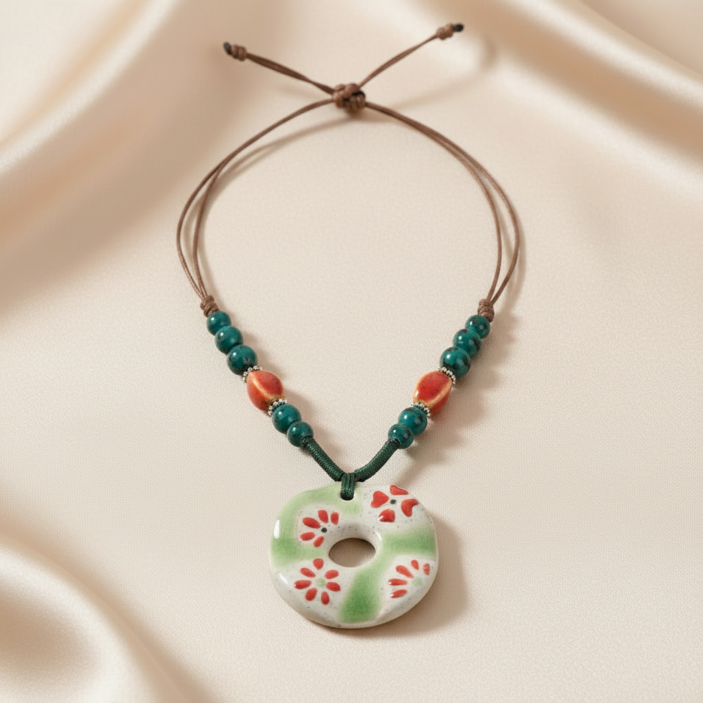 Handmade Ceramic Pendant Beads Necklace Retro