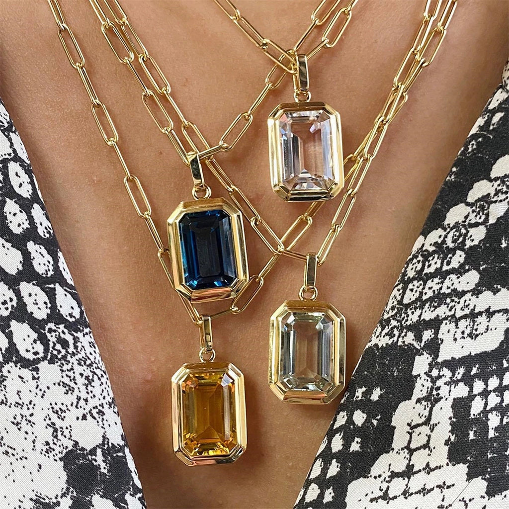 Stainless Steel Square Rock Zircon Pendant Paper Clip Chain Necklace