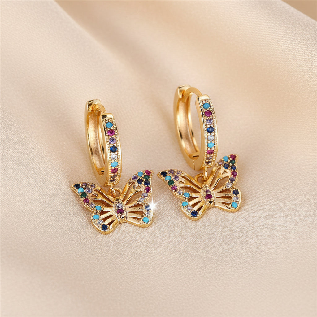 Colorful Butterfly Hoop Earrings in Gold Plated Copper with Zircons
