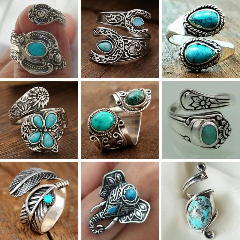 Amazing Collection of Turquoise Adjustable Zinc Alloy Rings - Bold, Statement, Boho