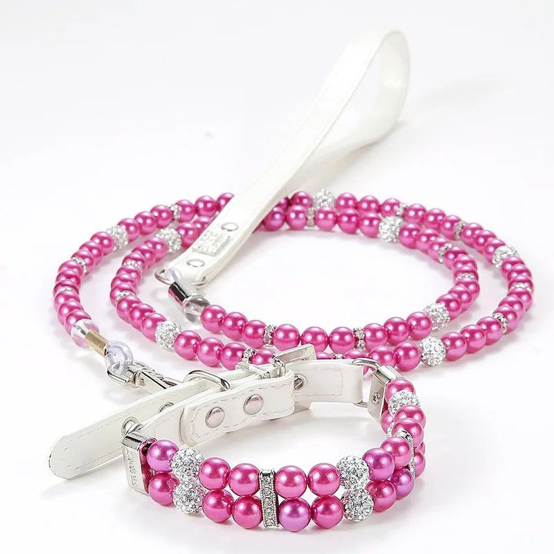Fashionable Faux Pearl Crystals Adjustable Collar & Leash