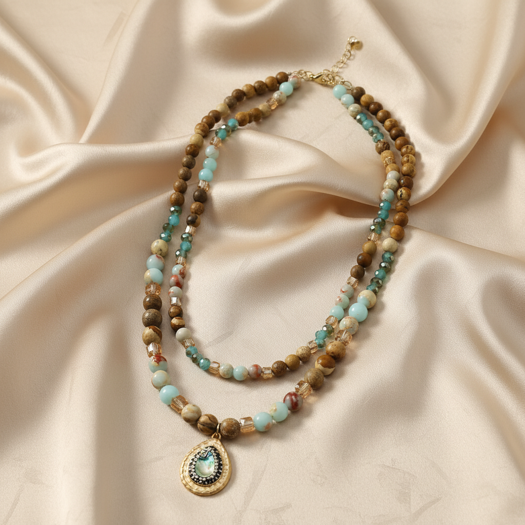Boho Natural Stone Beads Necklace with Zircon Pendant