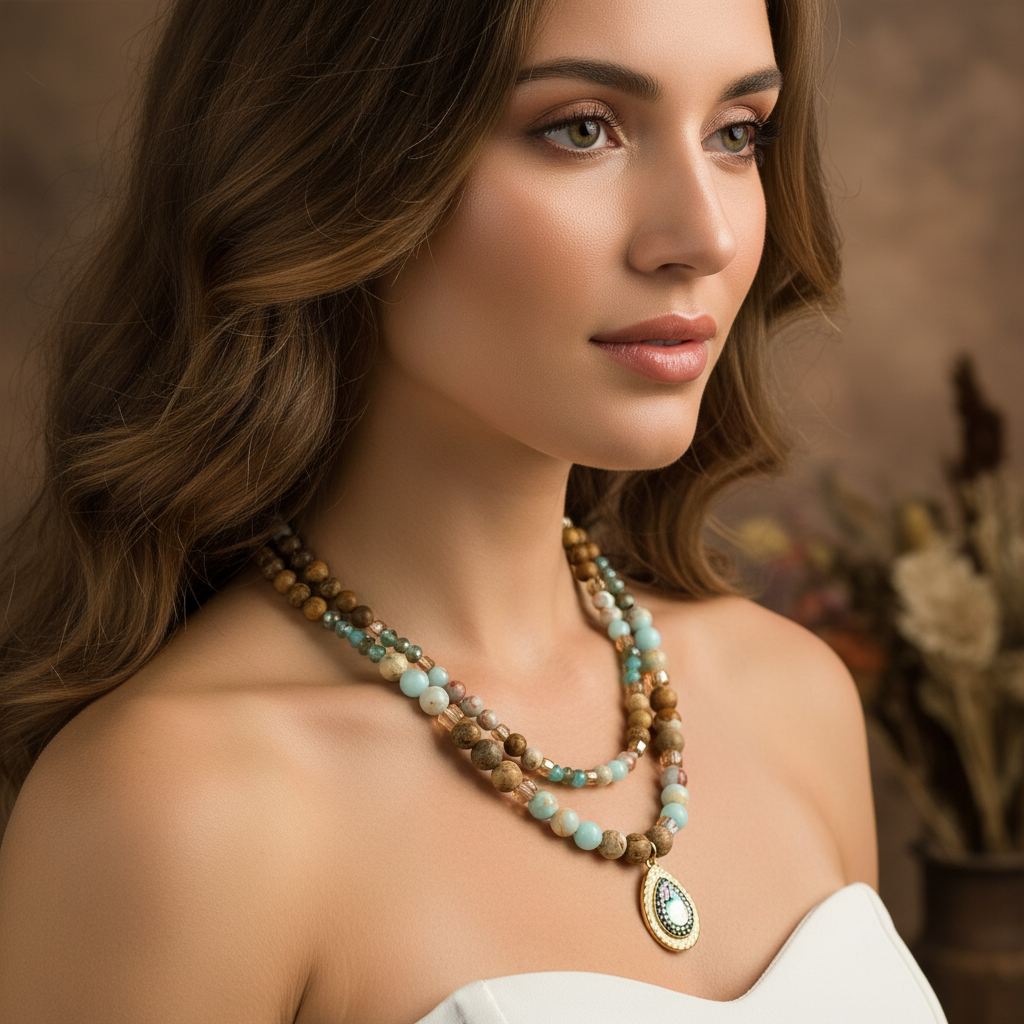 Boho Natural Stone Beads Necklace with Zircon Pendant