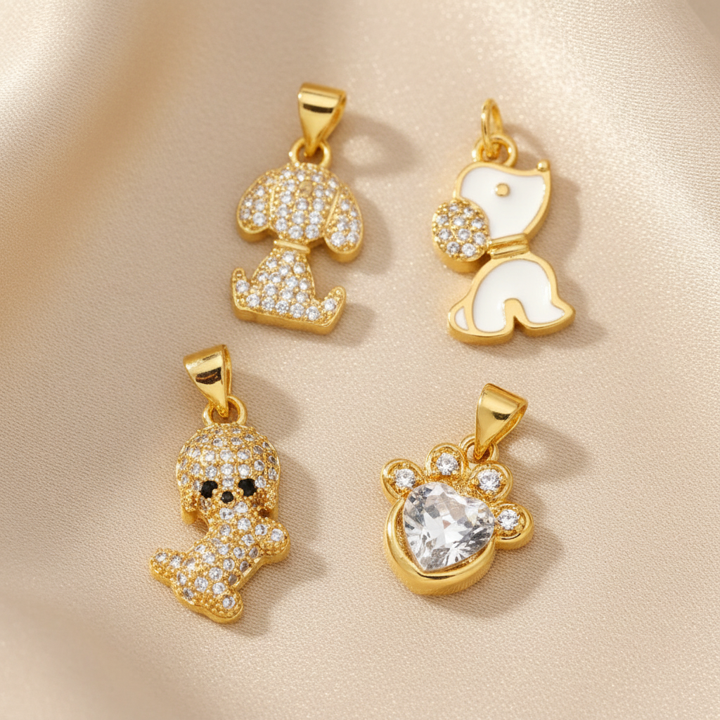 Mini Dog Theme Paw Pendant Gold Plated Brass with Cubic Zirconia Stones - Adorable, Precious