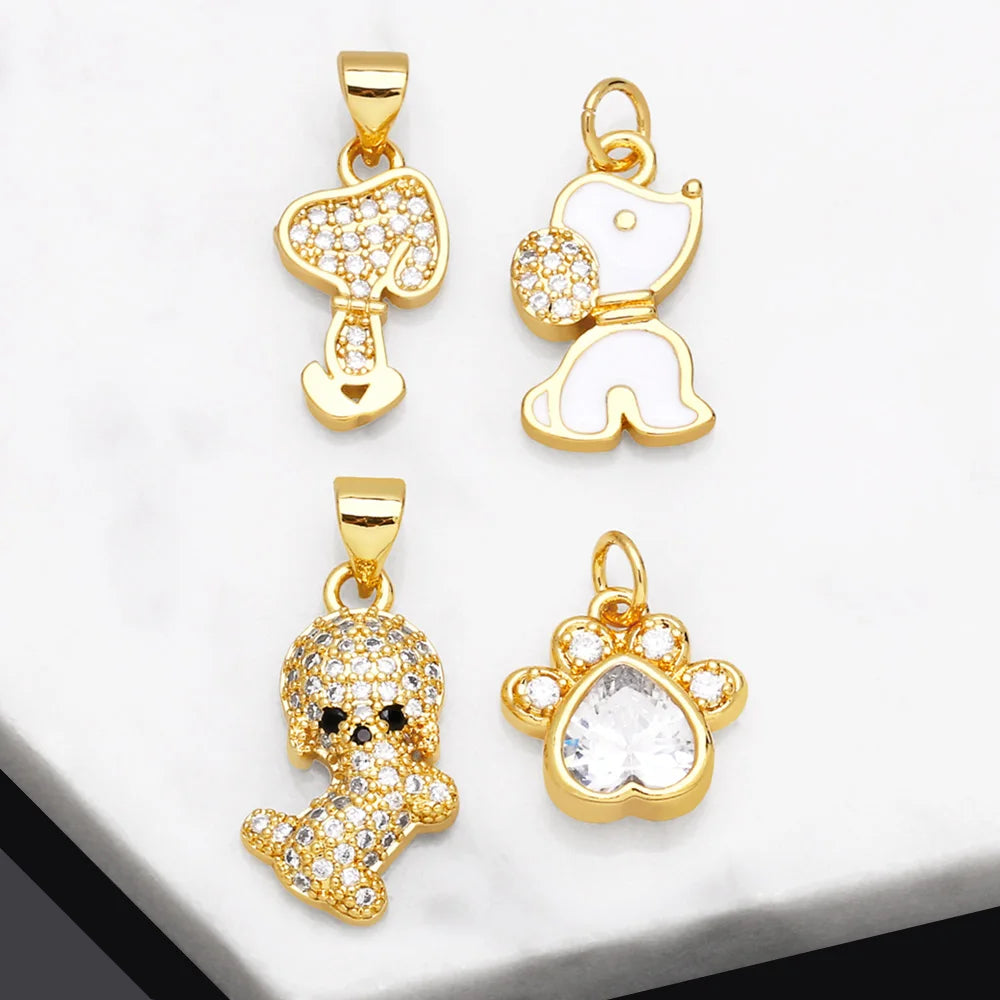 Mini Dog Theme Paw Pendant Gold Plated Brass with Cubic Zirconia Stones - Adorable, Precious