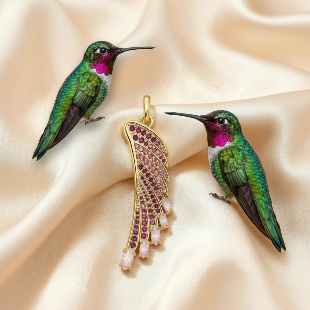 Gold Plated Hummingbird Rainbow Wing Pendant in 925 Sterling Silver