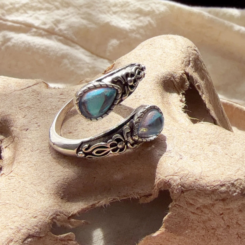 925 Sterling Silver Adjustable Blue Stone Flower Ring