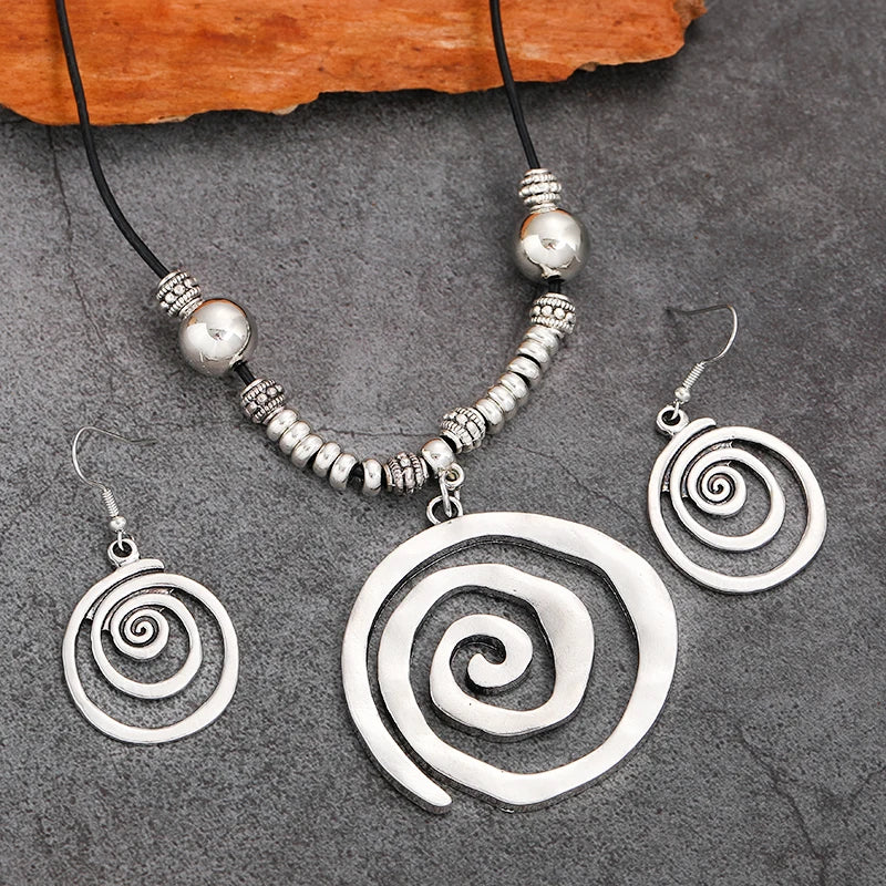 Bold Bohemian Style Alloy Spiral Pendant Necklace & Earrings - 3 Options