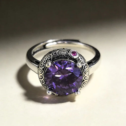 925 Sterling Silver Large Purple CZ Stone Adjustable Ring