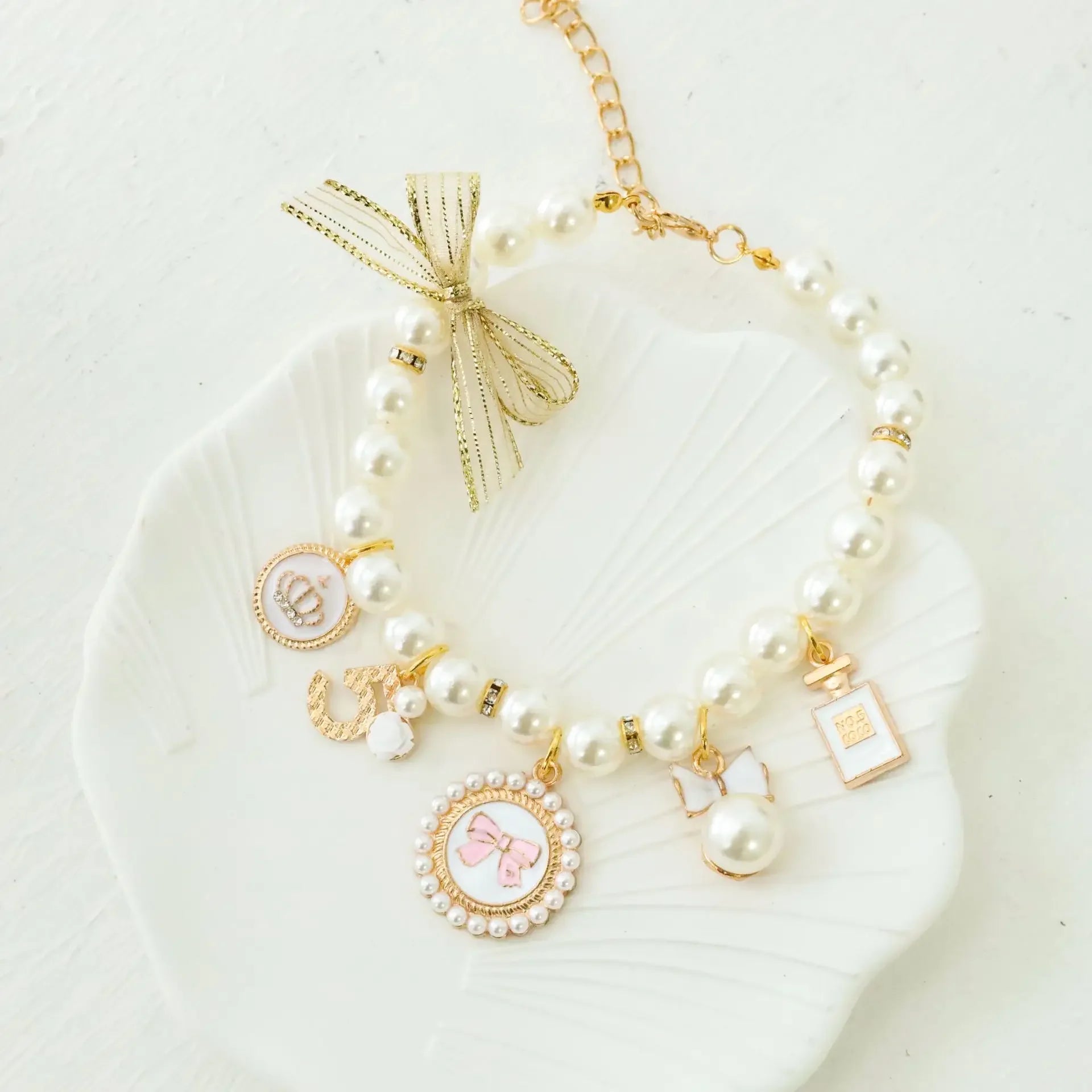 Pet Bow Pearl Necklace with Charms - Rhinestones, Faux Pearl, Princess
