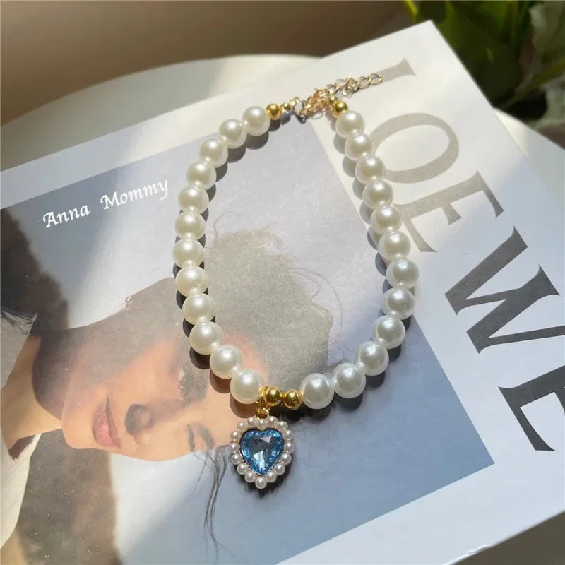 Faux Pearl Dog Necklace & Heart Rhinestone Pearl Pendant
