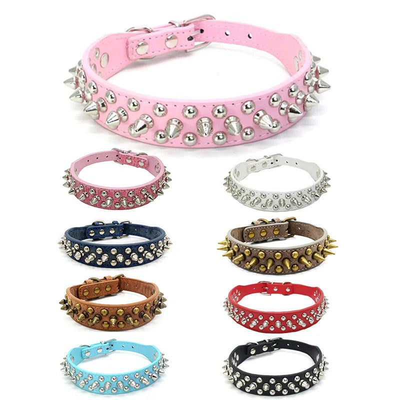 Faux Leather Dog Collar with Spikes - Anti-Bite Rivets, Cool, Attention