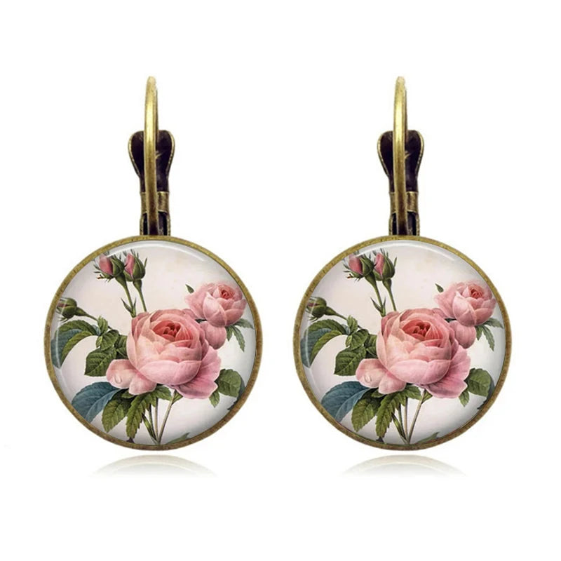 Retro Vintage Pink Rose Flower Round Glass Alloy Earrings - Several Options