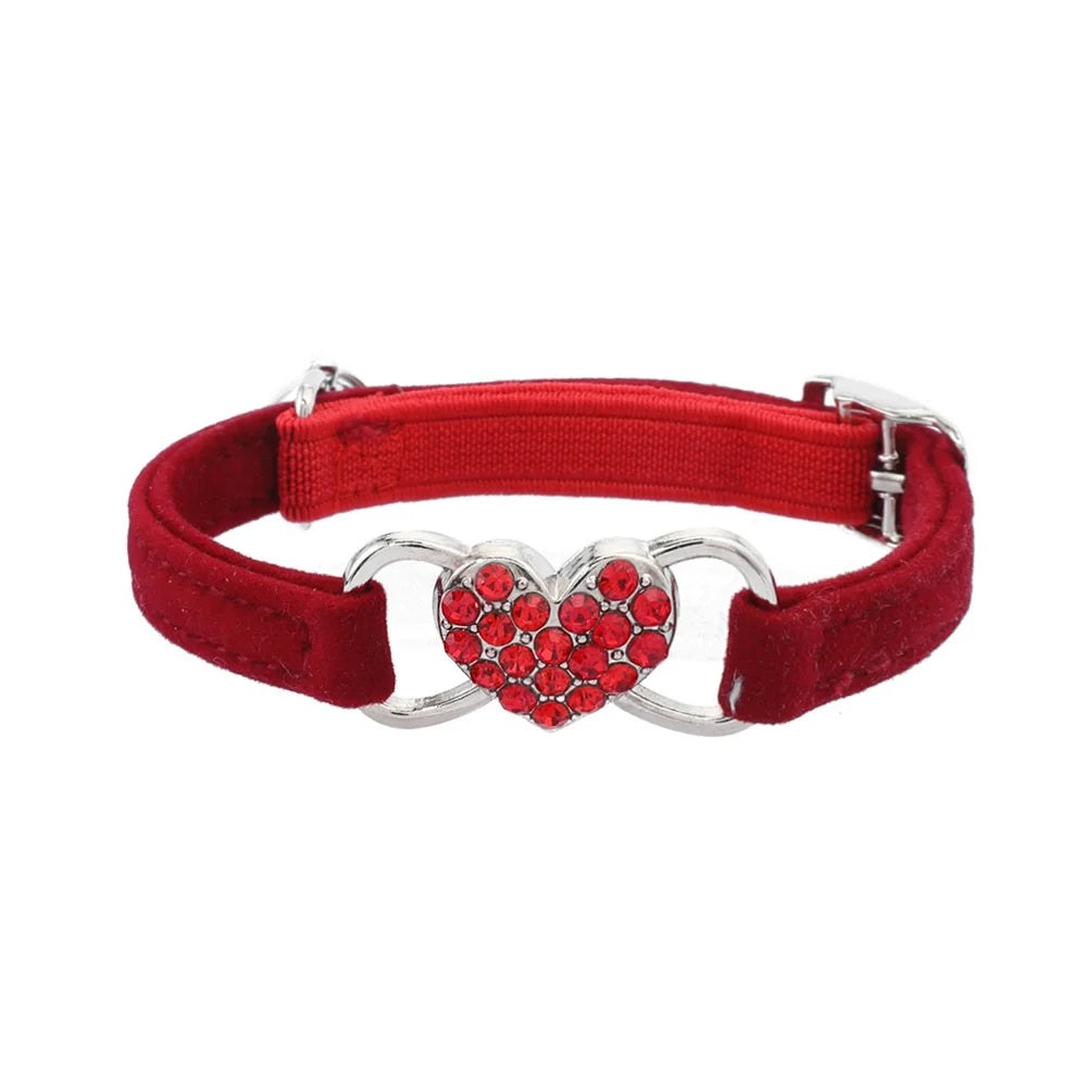 Velvet Cat & Dog Collar with Rhinestones Heart & Bell - Adjustable, 1 cm Wide, Adorable
