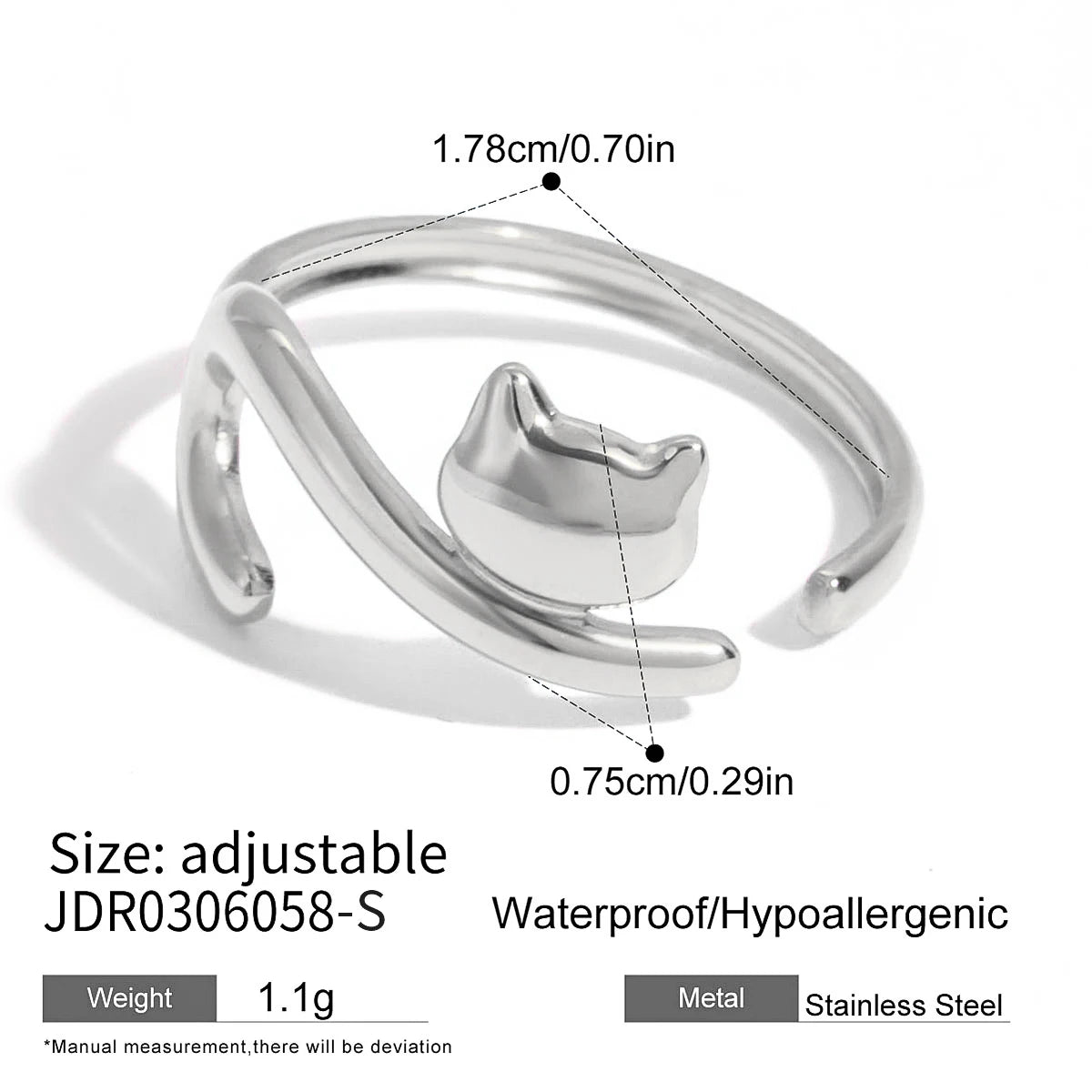 18K Gold-Plated or Platinum Plated Stainless-Steel Rhinestone Sausage Dog or Cat Ring, Adjustable