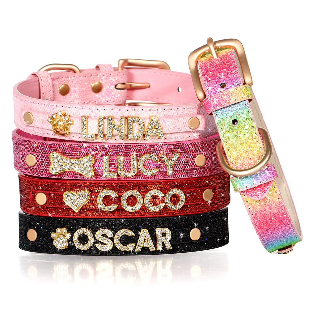 Faux Leather Dog Collar with Rhinestones - Customize, Engrave, Name Tag