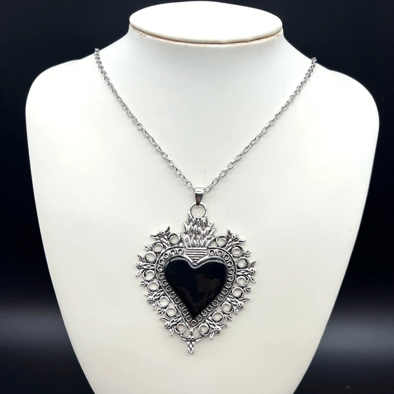 "Sacred Flaming Hearts" Mexican Milagros Gothic Vintage Inspired Zink Alloy Necklace