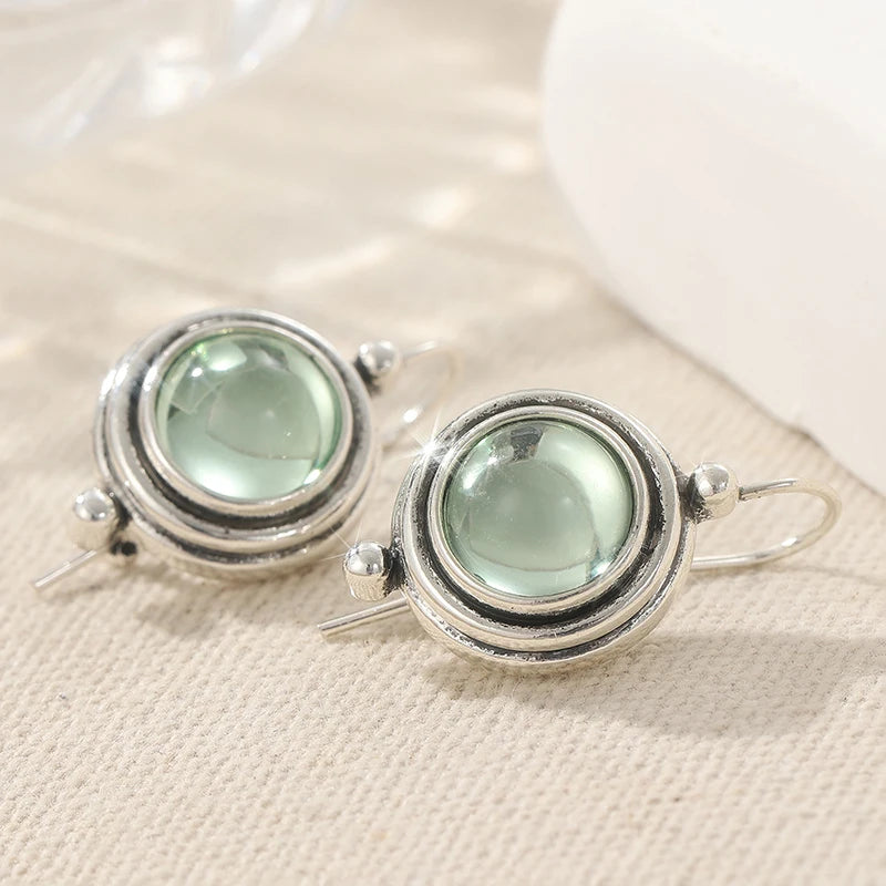 Vintage Inspired Earrings Silver-Plated Copper with Light Green Stone