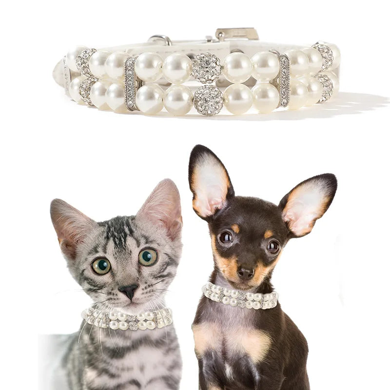 Fashionable Faux Pearl Crystals Adjustable Collar & Leash