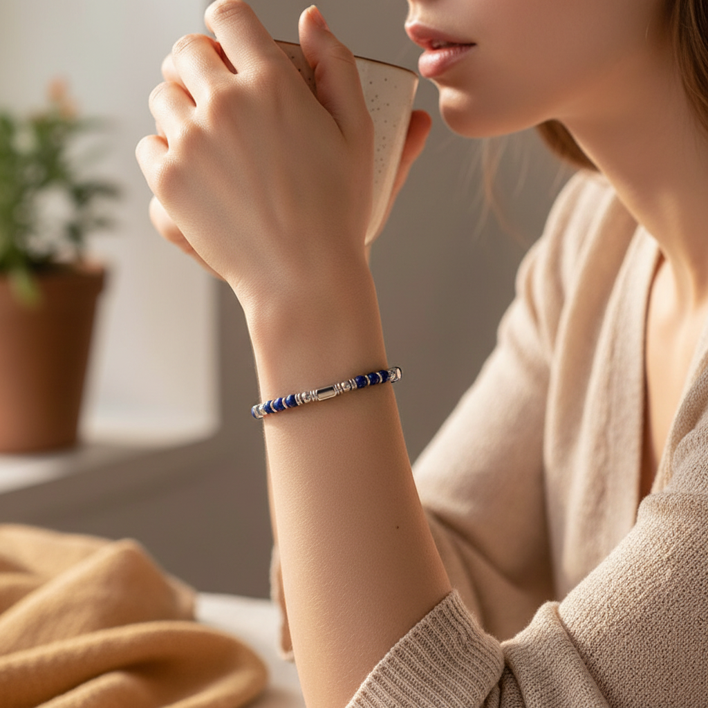 Lapis Lazuli Beaded Adjustable Bracelet in Stainless Steel