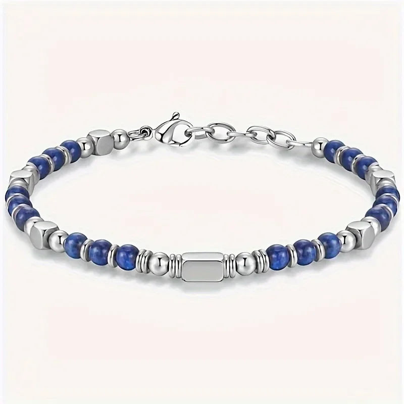 Lapis Lazuli Beaded Adjustable Bracelet in Stainless Steel
