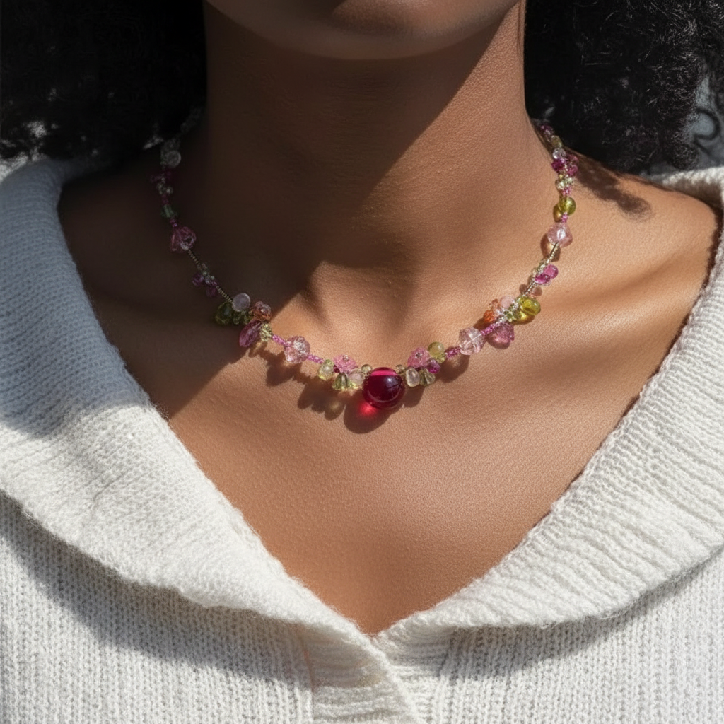 Resin Cherry Fruit Flower Bead Choker Necklace